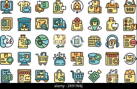 Purchase returns icons set outline vector. Shipping receive. Refund store color flat isolated Stock Vector