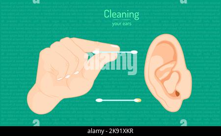 A vector of a hand holding cotton buds cleaning an ear against a green background Stock Vector