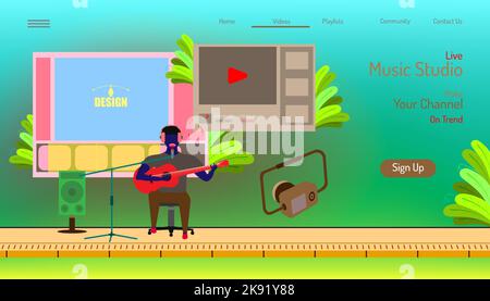 A vector of a landing page website template in live music studio with an editable text Stock Vector