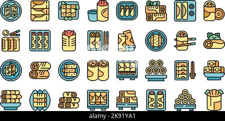 Spring roll icons set outline vector. Asia food. Chinese thai neon ...