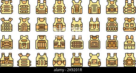 Bulletproof vest icons set outline vector. Armor body. Vest military color flat isolated Stock Vector