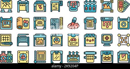 Plotter icons set outline vector. Printer machine. Copy offset thin line color flat on white Stock Vector