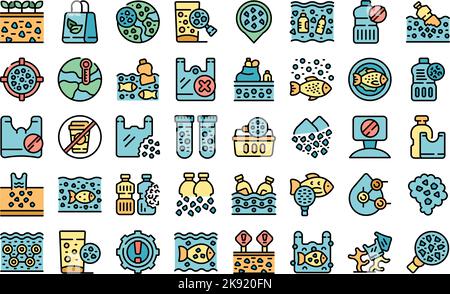 Microplastics pollution icons set outline vector. Fish environment. Ocean plastic thin line color flat on white Stock Vector