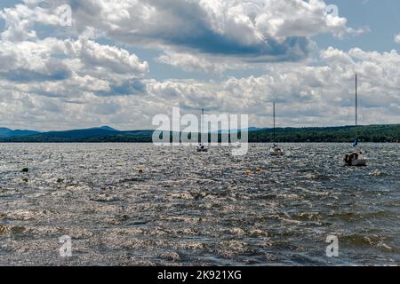 Lake Magog is a freshwater lake located in the Estrie region of Quebec, Canada. Stock Photo