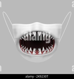 Face Protective Reusable Barrier White Mask with a Shark Open Mouth Printing. Horror Fanged Jaw Mask Illustration on Gray Background Stock Vector