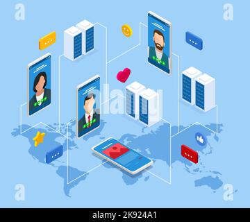 Isometric Data Center Equipment . Modern Telecommunications, Artificial Intelligence, Supercomputer Technology Concept. Computer Storage . Stock Vector
