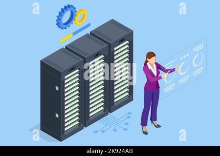 Isometric Data Center Equipment . Modern Telecommunications, Artificial Intelligence, Supercomputer Technology Concept. Computer Storage . Stock Vector