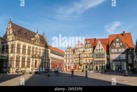 BREMEN, GERMANY - MAY 12, 2016: Town Hall and facade of half timbered houses on the Market Square in Bremen. In July 2004 the buildings were listed as Stock Photo