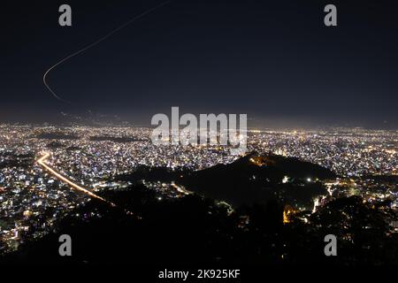 Kathmandu, Nepal. 24th Oct, 2022. Lights illuminate Kathmandu valley during the Tihar festival, also called Diwali, in Kathmandu. Tihar is the second biggest festival considered as 'festival of lights and flowers' as the houses are decorated with lights and flowers, celebrating it together by singing and dancing. (Credit Image: © Prabin Ranabhat/SOPA Images via ZUMA Press Wire) Stock Photo