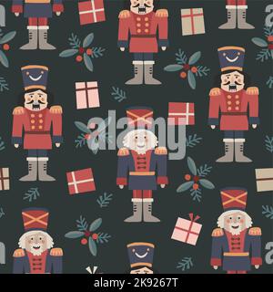Traditional red, green Christmas seamless pattern. Nutcrackers, men with beards, uniform. Christmas tree branches and gift boxes. Winter vector Stock Vector