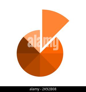 Pie, donut or pizza chart divided in 8 monochrome orange sections with one separated slice. Infographic wheel icon. Circle shape cut in eight equal parts. Vector flat illustration Stock Vector
