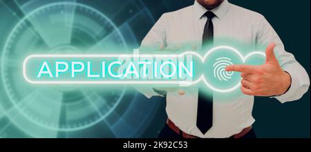 Writing displaying text Application. Business idea an order for something formal and usually written form Man With Tablet Pointing On A Globe Image Stock Photo
