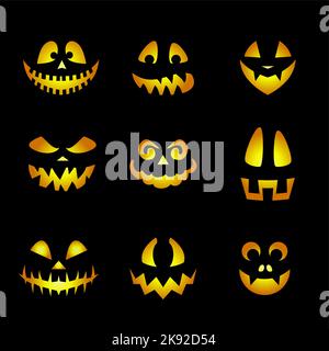 Glowing Pumpkin Faces Emoticons. Scary Halloween Emojis of Angry Ghost, Spooky Creatures with evil Eyes, Teeth, and Creepy Smiles Set on Black Stock Vector