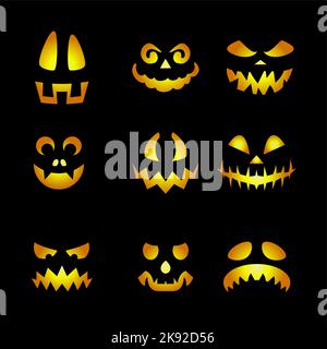 Glowing Pumpkin Faces Emoticons. Scary Halloween Emojis of Angry Ghost, Spooky Creatures with evil Eyes, Teeth, and Creepy Smiles Set on Black Backgro Stock Vector