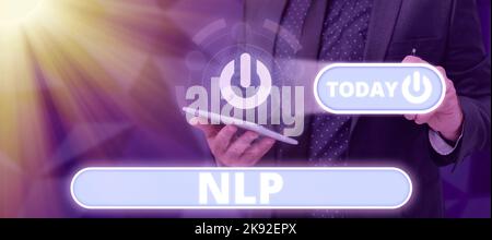 Hand writing sign Nlp. Business idea psychological approach involves analyzing strategies to reach a goal Stock Photo
