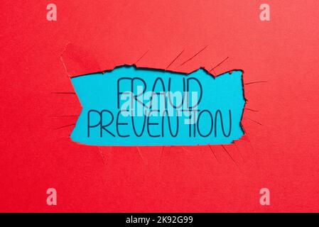 Hand writing sign Fraud Prevention. Word for to secure the enterprise and its processes against hoax Stock Photo