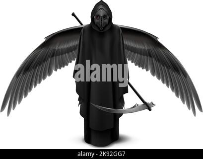 Plague Doctor with Two Wings and a Scythe in His Hands. Medieval Death Symbol Plague Doctor Mask Isolated on White Background for Web, Poster, Info Gr Stock Vector