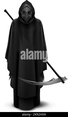 Plague Doctor with Bird Mask and Scythe in His Hands. Medieval Death Symbol Plague Doctor Mask Isolated on White Background. For Web, Poster, Info Gra Stock Vector