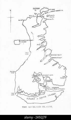 Retro map of the Auckland Islands, south of New Zealand Stock Photo