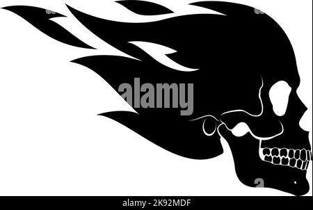 Flying Fire Skull Illustration Design Template. Suitable for Creative Industry, Multimedia, Entertainment. Monochrome Drawing Isolated on White Stock Vector