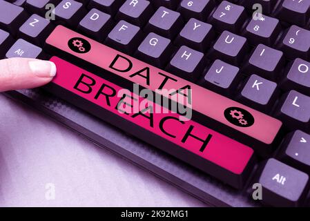 Conceptual caption Data Breach. Word for unauthorized release of confidential and secured details Stock Photo
