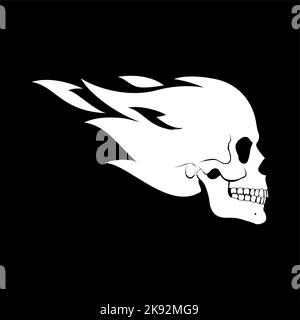 Flying Fire Skull Illustration Design Template. Suitable for Creative Industry, Multimedia, Entertainment. Monochrome Drawing Isolated on Black Stock Vector