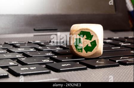 Save energy symblos icon on wooden cubes. Ecology environmentally friendly concept. Net zero actions. World environment day. Limit global warmimg and Stock Photo