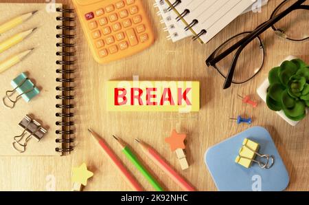 Color notes with letters pinned on a board. Word BREAK. Work space Stock Photo