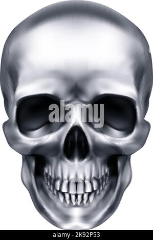 Human Metallic Skull. The Concept of Death, Horror. A Symbol of Spooky Halloween. Isolated Object on a White Background, Can be Used with any Image Stock Vector