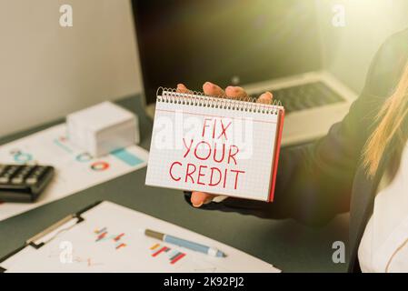Text sign showing Fix Your Credit. Word Written on improve or increase your rating or score to get money loan or mortgage Stock Photo
