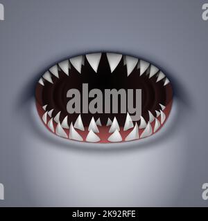Cartoon Spooky Shark Jaw Isolated on Gray Background. Horror Background for Halloween Concept Stock Vector