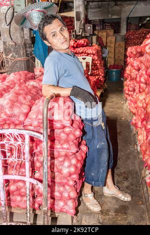 BANGKOK, THAILAND - MAY 12: unidentified  man transports sacks of onions in Bangkok, Thailand. The night market Pak Khlong Talat lasts unti 6 am and p Stock Photo