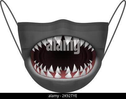 Face Protective Reusable Barrier Black Mask with a Shark Open Mouth Printing. Scary Fanged Jaw Mask Illustration on White Background Stock Vector