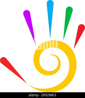 Illustration of Abstract Simple Colored Hand with Five Fingers, and Spiral Design Element Stock Vector