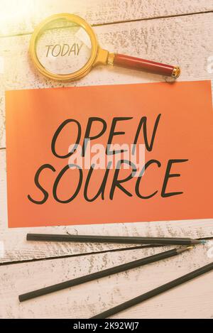 Text caption presenting Open Source. Conceptual photo contains the source code that can be modified and enhanced Stock Photo