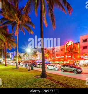 MIAMI, USA AUG 3, 2013: Night view at Ocean drive in Miami, USA. Art Deco Night-Life in South Beach at ocean drive is one of the main tourist attracti Stock Photo