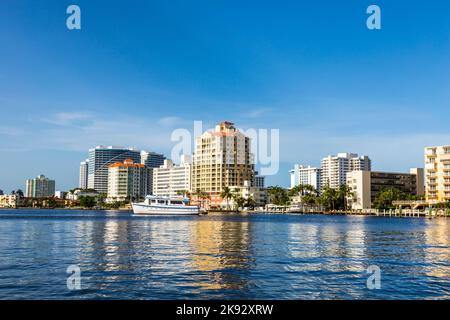 FORT LAUDERDALE, USA - AUG 20, 2014: Boats at waterfront homes in Fort Lauderdale. There are 165 miles of waterways within the city limits. Stock Photo