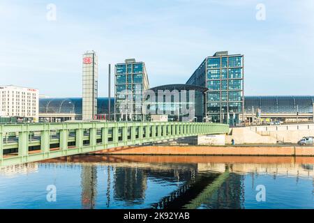 BERLIN, GERMANY  - OCT 28, 2014 : The main railway station of Berlin -Hauptbahnhof - Lehrter Bahnhof - with river Spree in Berlin, Germany. Stock Photo