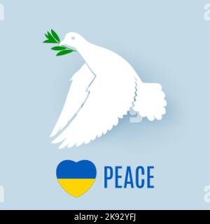 White Dove of Peace Flying with a Green Olive Branch, and Ukraine Flag in Heart Shape. Pray for Peace in Ukraine Concept Illustration. Symbol of Peace Stock Vector