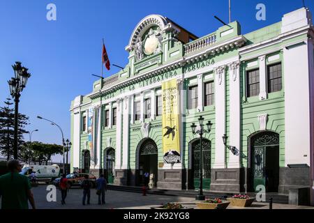 LIMA, PERU - JAN 15, 2015: View of the casa de la literatura in Peru, Lima.  La Casa de la Literatura Peruana  is housed in an old train station build Stock Photo