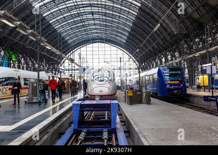 FRANKFURT, GERMANY- MAR 25, 2015: People arriving or departing at the Frankfurt main train station, Hauptbahnhof in Frankfurt, Germany. Stock Photo