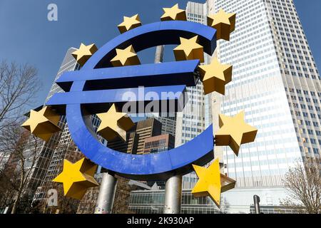 FRANKFURT, GERMANY - APRIL 8, 2015: The Euro sign looking a little worn outside the European Central Bank headquarters in Frankfurt, Germany symbolizi Stock Photo