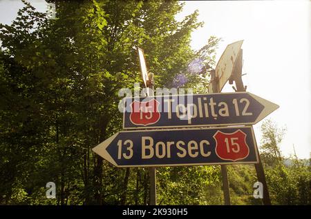 Harghita County, Transylvania, Romania, approx. 2000. Street indicators towards nearby towns.