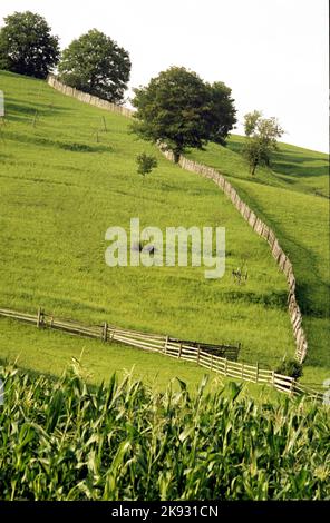Harghita County, Romania, approx. 2000. Agricultural plots of land in the mountains. Stock Photo