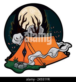 Spooky camping scene with scared person inside the tent, smoke from extinct campfire, forest with pines, dead trunks and scary ghosts in a full moon n Stock Vector