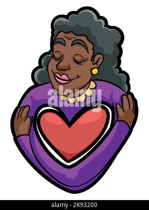 Pretty brunette and old woman embracing herself and a pink heart, representing ego and self care. Stock Vector