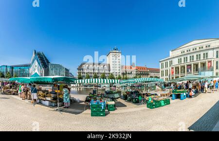 LEIPZIG, GERMANY - AUG 8, 2015: Old Town Hall in Leipzig with people at marketplace. In about 1165, Leipzig was granted municipal status and market pr Stock Photo