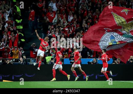 Lisbon, Portugal. 25th Oct, 2022. Joao Mario (L) of Benfica celebrates his goal during the UEFA Champions League group H match between SL Benfica and Juventus in Lisbon, Portugal, on Oct. 25, 2022. Credit: Pedro Fiuza/Xinhua/Alamy Live News Stock Photo