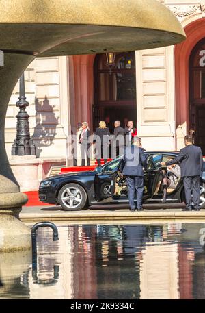 FRANKFURT, GERMANY - OCT 3, 2015: former german president christian wulff and his wife Bettina leave the celebration of 25th day of German Unity in Fr Stock Photo