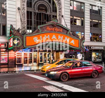 NEW YORK, USA - OCT 21, 2015: Site of the former the Paramount theater, this landmark Hard Rock Cafe sits in the heart of Times Square in New York Cit Stock Photo